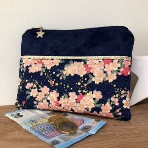 Monedero de mujer azul marino y dorado, tela japonesa / Bolsito pequeño de ante y tela floral / Bolsito con cremallera personalizable
