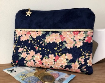Navy blue and gold women's wallet, Japanese fabric / Small floral fabric pocket / Customisable zipped bag pocket / Sakura japanese fabric