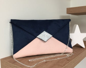 Navy blue and powder pink wedding bag, silver glitter / Customizable evening bag with chain / Night blue shoulder strap bag to custom