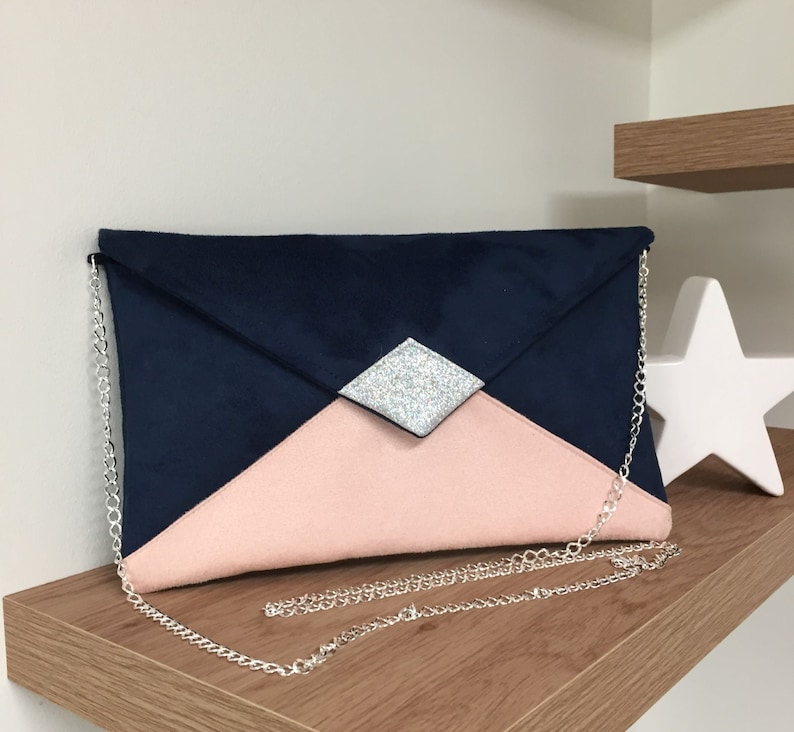 Navy blue and powder pink wedding bag, silver glitter / Customizable evening bag with chain / Night blue shoulder strap bag to custom Avec chainette