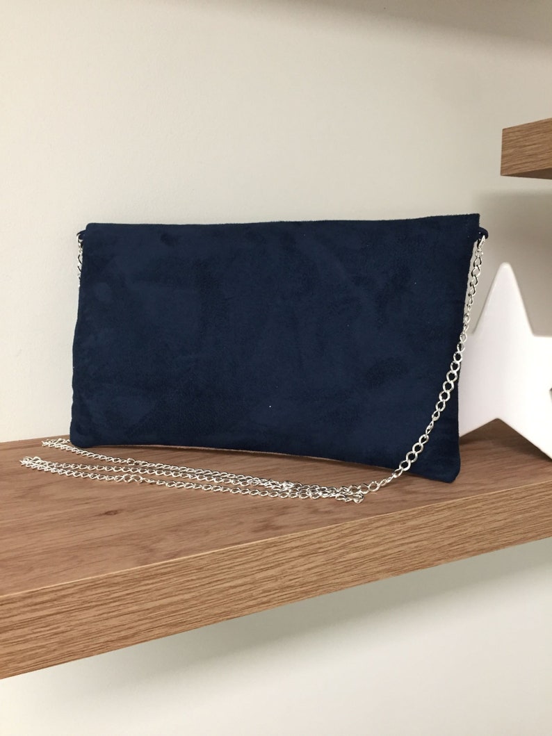 Navy blue and powder pink wedding bag, silver glitter / Customizable evening bag with chain / Night blue shoulder strap bag to custom image 6