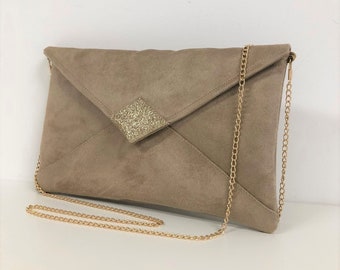 Pochette mariage beige à paillettes dorées, AVEC OU SANS chaînette / Pochette de soirée forme enveloppe, personnalisable / Sac à main femme