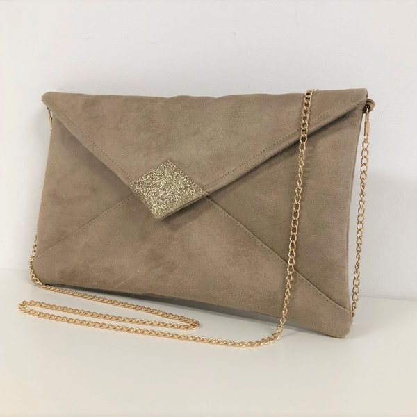 Pochette mariage beige à paillettes dorées, AVEC OU SANS chaînette / Pochette de soirée forme enveloppe, personnalisable / Sac à main femme