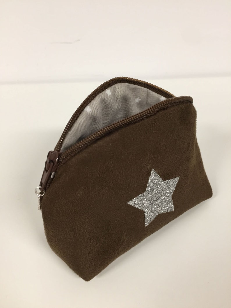 Women's or children's wallet, brown, glitter star / Chocolate suede mini zipped pocket, glitter / Customizable bag accessory / Wallet image 5