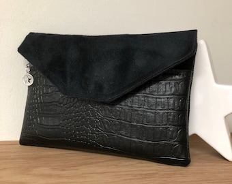 Portefeuille femme simili cuir exotique reptile noir / Pochette de sac à rabat, personnalisable / Compagnon porte chéquier, Porte monnaie