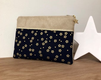 Women's wallet, beige and gold, night blue japanese fabric / Small suedette pouch, flowery fabric / Customizable zippered bag pouch