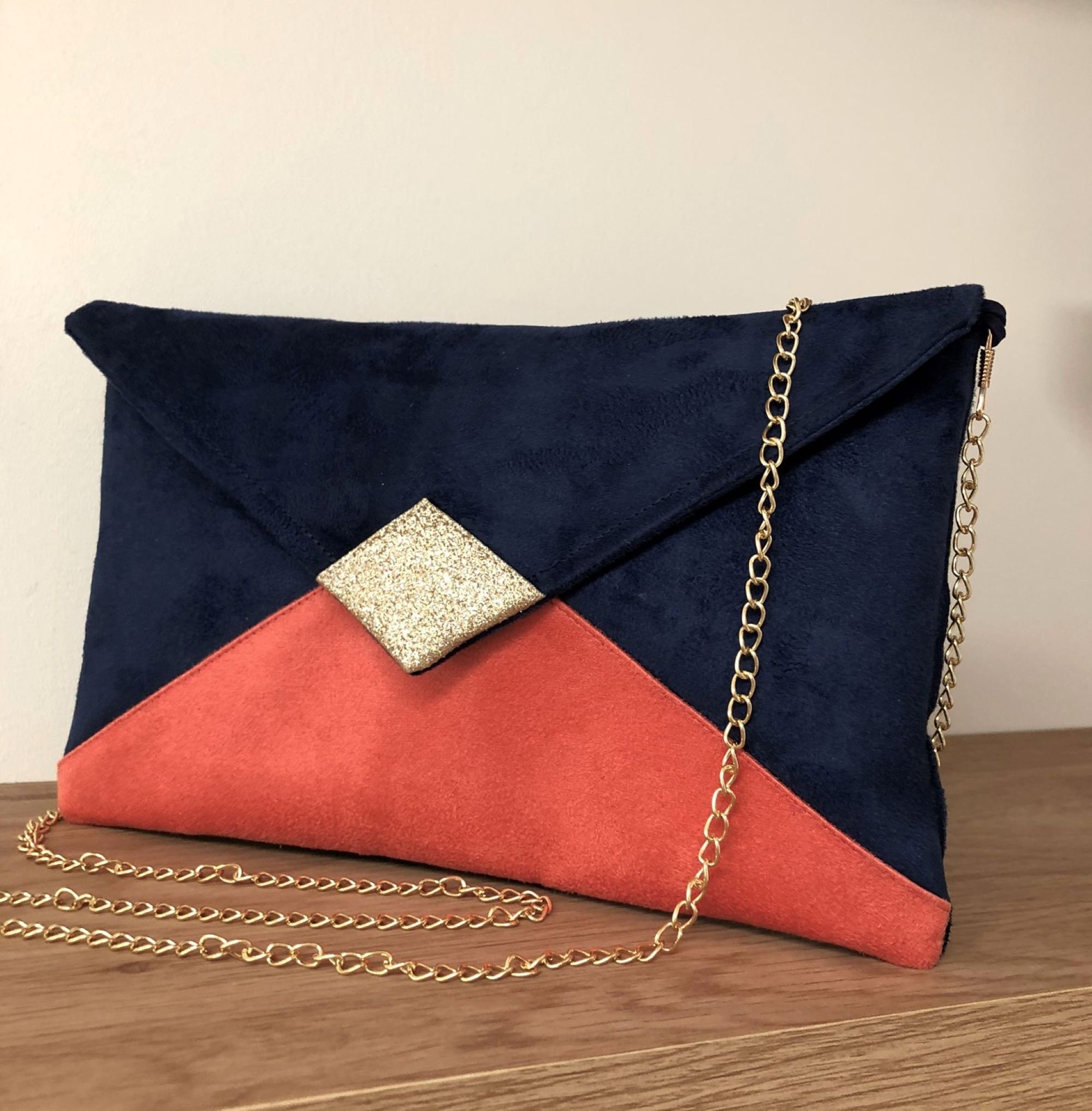 Navy Blue and Coral Wedding Clutch Bag With Gold Glitter / 