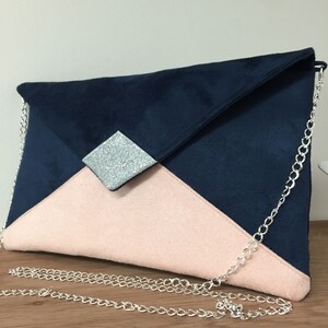 Navy blue and powder pink wedding bag, silver glitter / Customizable evening bag with chain / Night blue shoulder strap bag to custom image 8