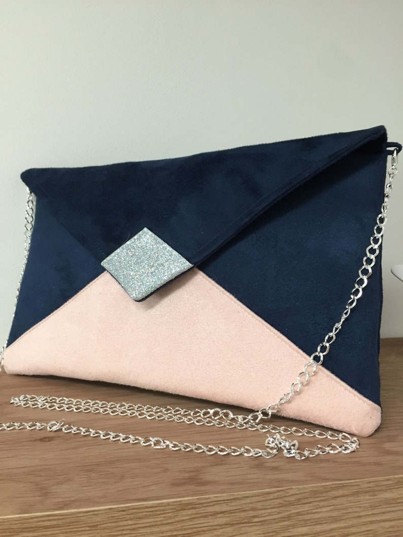 Navy blue and powder pink wedding bag, silver glitter / Customizable evening bag with chain / Night blue shoulder strap bag to custom image 8