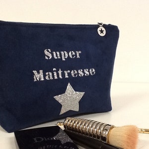 Customizable teacher's bag, navy blue and silver / Make-up bag, suede, glitter / Personalized teacher's gift image 3