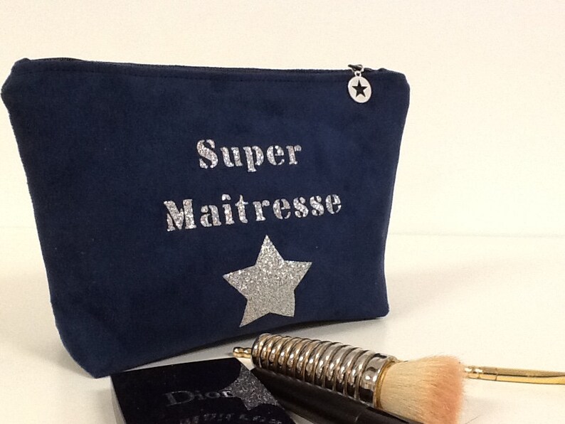 Customizable teacher's bag, navy blue and silver / Make-up bag, suede, glitter / Personalized teacher's gift image 3