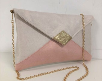 Powder pink and ecru wedding clutch bag with gold glitter / Suedette evening clutch bag / Customizable suede evening bag / Small chain bag