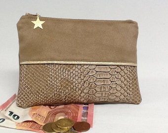 Camel and gold women's wallet / Reptil leatherette coin purse / Mini flat zipped pocket, paper, customizable / Wallet to custom