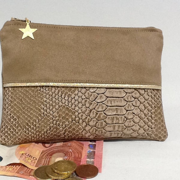 Porte monnaie femme camel et doré / Pochette de sac simili cuir reptile, suédine / Mini pochette plate zippée, papiers, personnalisable