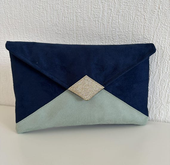 Pochette mariage bleu marine et vert amande à paillettes dorées