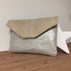 Cartera de mujer en lino plateado, ante beige / Compañero de bolso con solapa, bolsillo con cremallera / Porta chequera, Monedero, personalizable