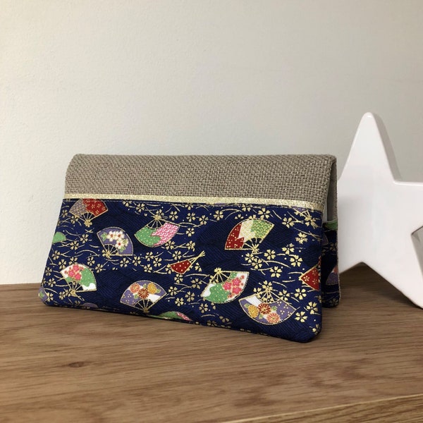 Porte chéquier lin, tissu japonais éventails / Etui chéquier bleu nuit, beige, doré / Protège carnet chèques personnalisable / Cadeau femme