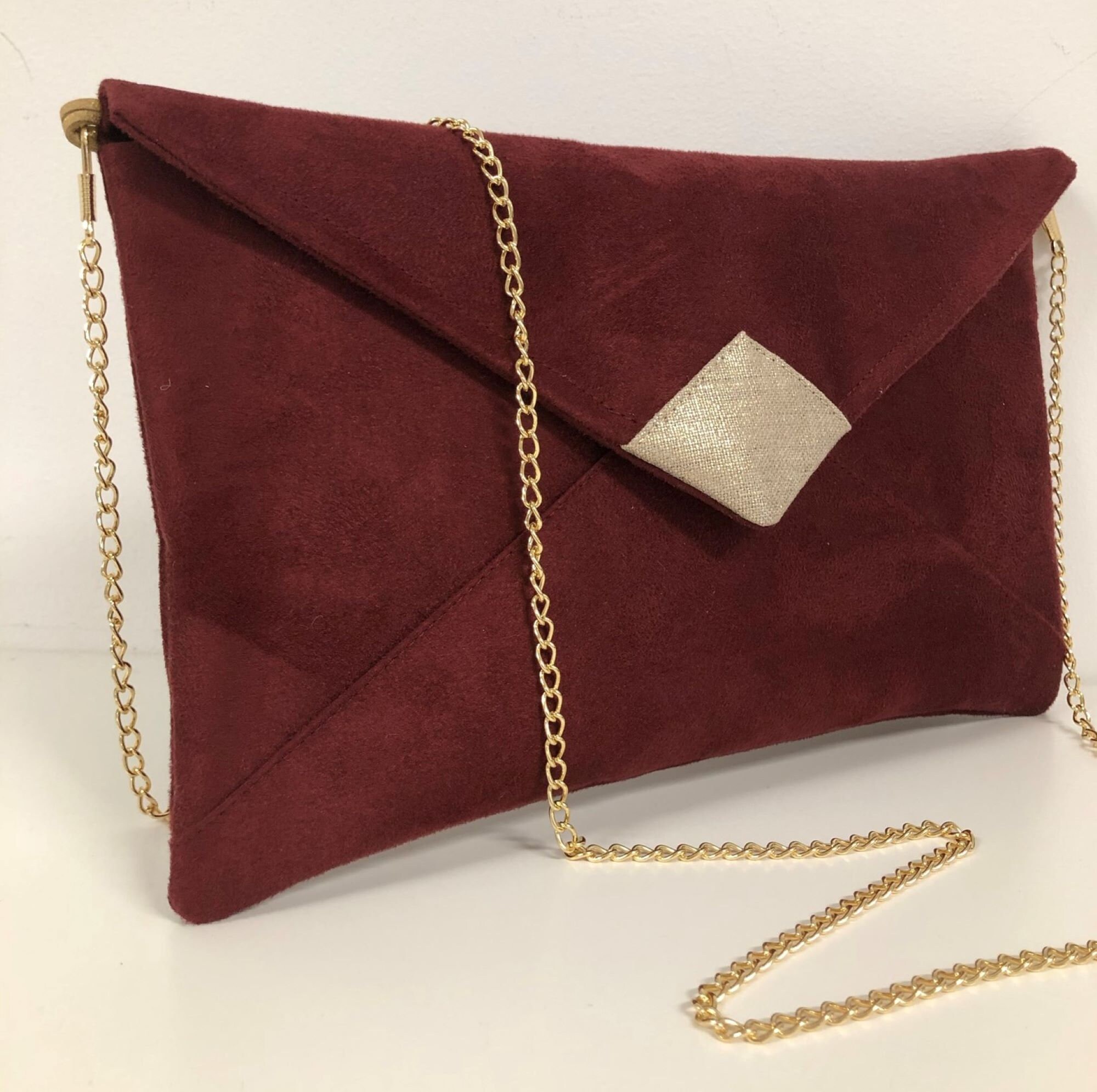 Burgundy red velvet and gold evening clutch bag, floral handbag