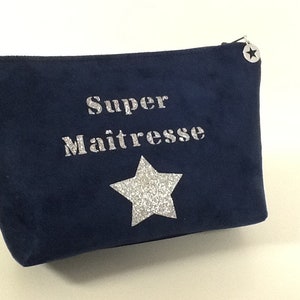 Customizable teacher's bag, navy blue and silver / Make-up bag, suede, glitter / Personalized teacher's gift image 5