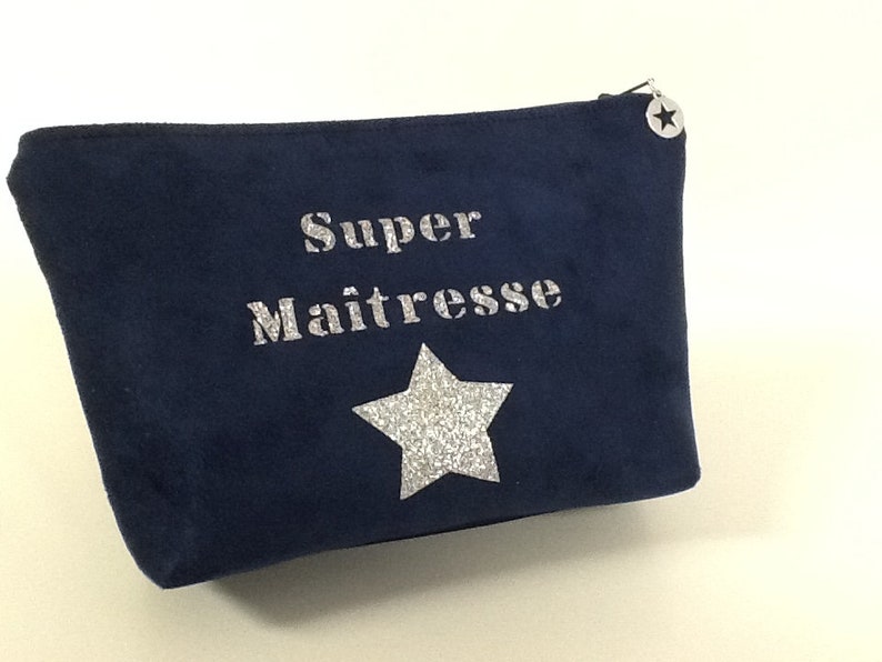 Customizable teacher's bag, navy blue and silver / Make-up bag, suede, glitter / Personalized teacher's gift image 5