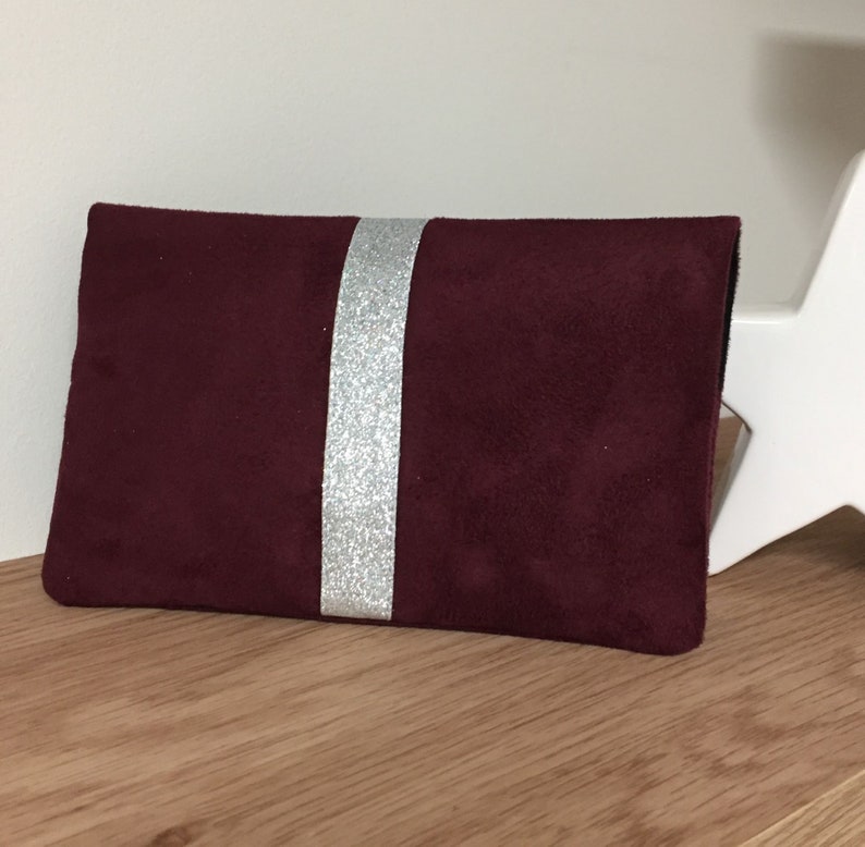 Burgundy chequebook holder, silver glitter / Suede-lined chequebook wallet case to be personalised / Personalised checkbook cover image 1