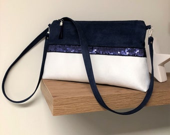 Navy blue and white shoulder bag with sequins / Vanessa Bruno style wedding zipper handbag / Customizable evening clutch