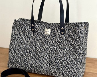 Sac shopping bleu marine et gris / Sac cabas femme toile et cuir / Sac porté épaule, bandoulière amovible et réglable