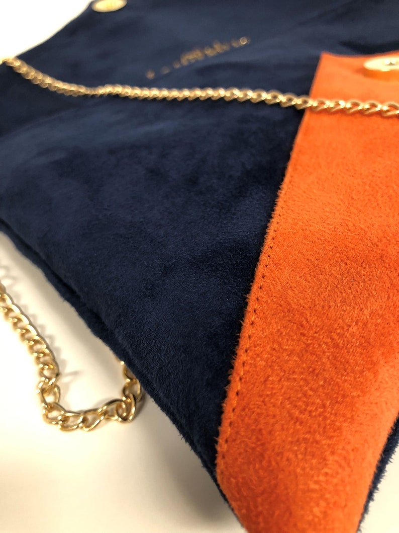 Clutch de boda azul marino y naranja con lentejuelas doradas / Clutch de noche de ante en forma de sobre, personalizable / Bolso de cadena imagen 8
