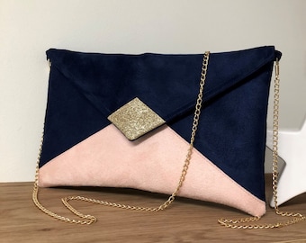 Pochette da sposa blu navy, rosa cipria, paillettes dorate / Pochette da sera personalizzata, pelle scamosciata a forma di busta / Borsa a catena