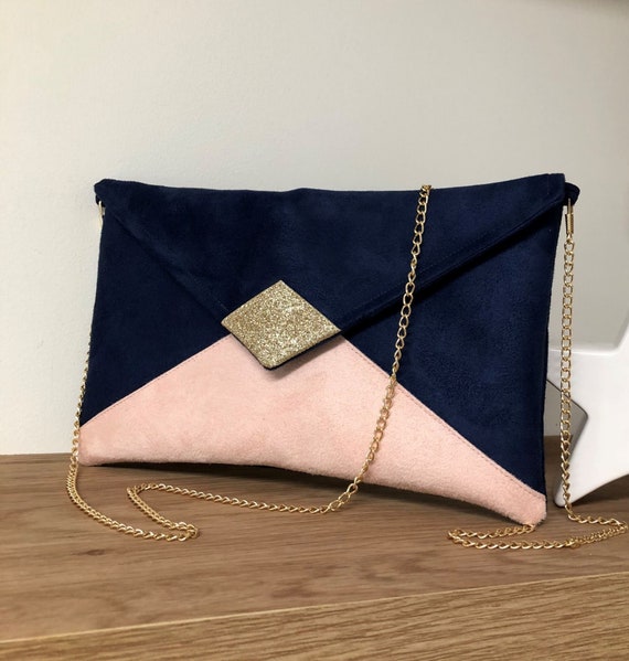 Navy Blue Powder Pink and Gold Glitter Wedding Clutch Bag / 