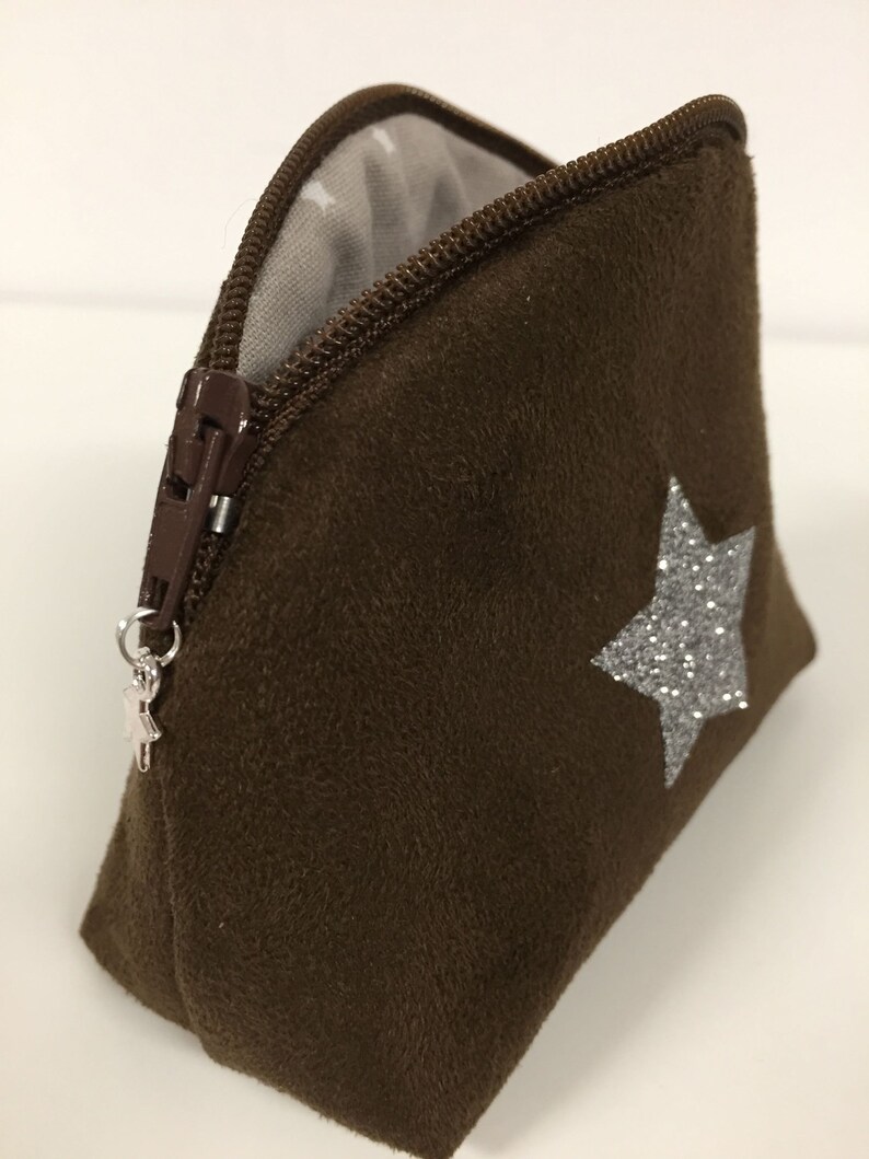 Women's or children's wallet, brown, glitter star / Chocolate suede mini zipped pocket, glitter / Customizable bag accessory / Wallet image 7