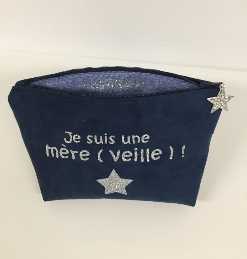 Trousse maquillage bleu marine et argentée, avec étoile / Pochette femme suédine et paillettes à personnaliser / Message personnalisable image 8