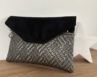 Portefeuille femme noir et gris tressé / Pochette de sac à rabat, personnalisable / Compagnon porte chéquier, Porte monnaie zippé