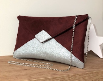 Burgundy wedding clutch bag, silver glitter, customizable / Shoulder clutch bag, suede envelope / Silver glitter and suede handbag to custom