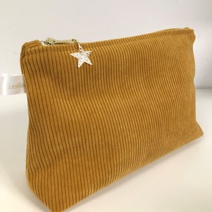 Mustard yellow corduroy pouch / Large saffron-rimmed velvet make-up bag / Customisable women&#39;s gift / Sportswear style / Velvet zipped pouch