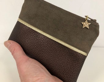 Porte monnaie zippé femme, marron taupe et doré / Pochette de sac personnalisable, suédine, cuir végétal / Pochette plate simili cuir grainé