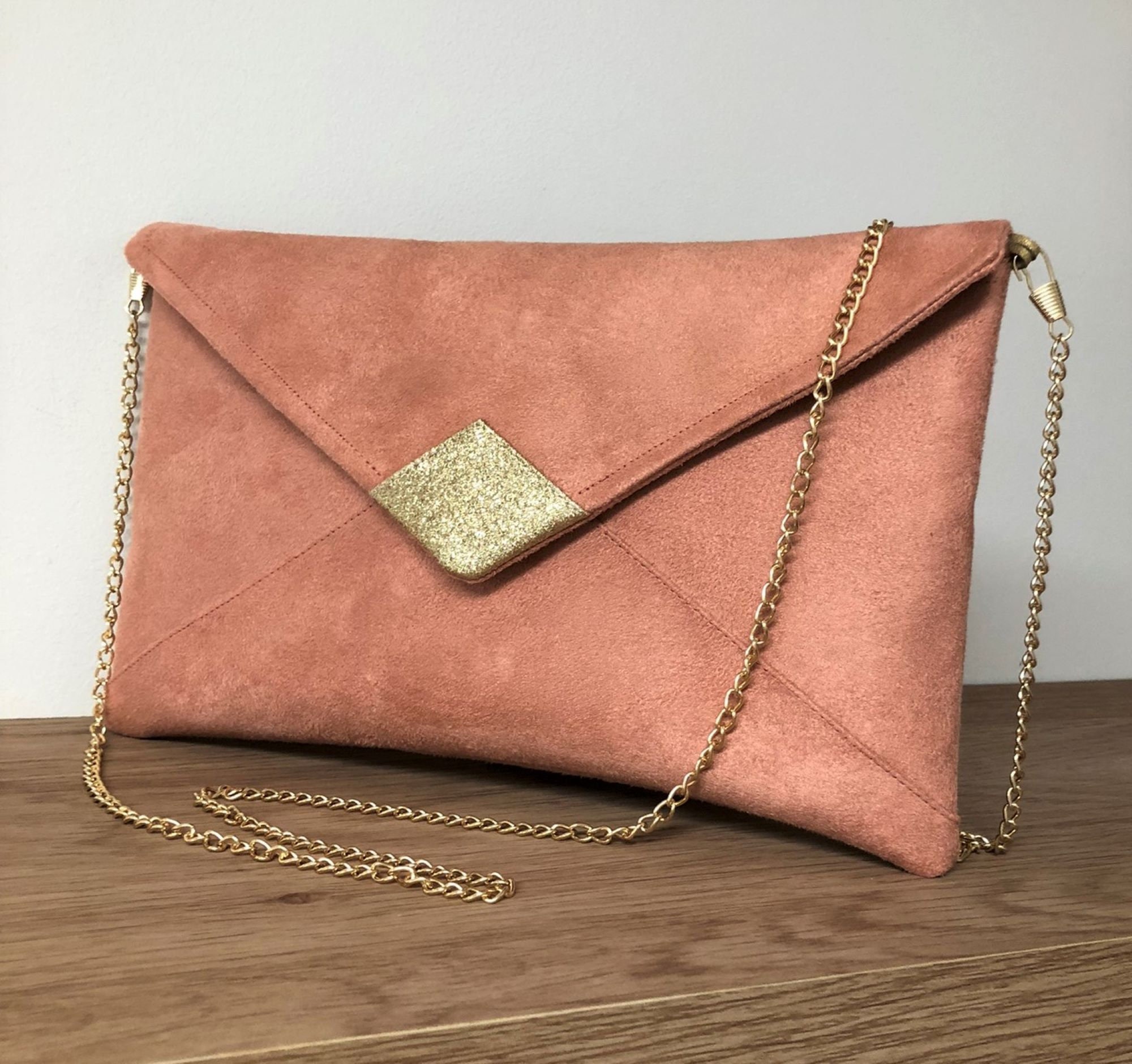 Salmon Pink Wedding Clutch Bag With Golden Sequins Evening