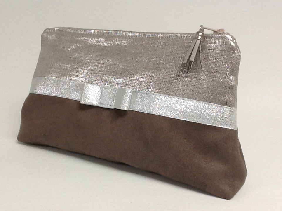 Pretty clutch bag with bow in silvered linen and taupe suede / Etsy
