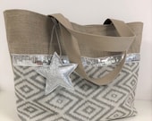 Woman tote bag, natural linen, herringbone and silver sequins Shoulder bag, beige canvas, silver Woman tote bag, pure linen