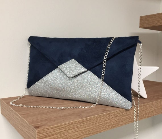 Buy Navy Blue Wedding Clutch Bag, Suede and Silver Sequins