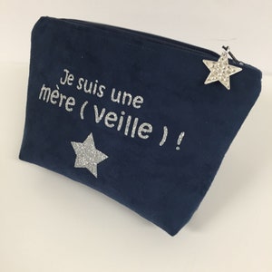 Trousse maquillage bleu marine et argentée, avec étoile / Pochette femme suédine et paillettes à personnaliser / Message personnalisable image 10