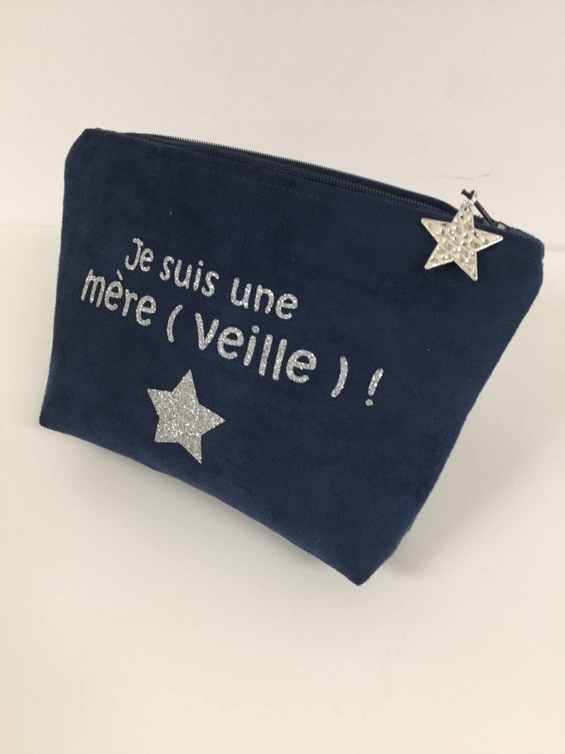 Trousse maquillage bleu marine et argentée, avec étoile / Pochette femme suédine et paillettes à personnaliser / Message personnalisable image 10