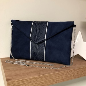 Clutch de boda azul marino y plata, ante y piel sintética de reptil / Clutch de noche personalizable / Bolso de mano, cadena extraíble