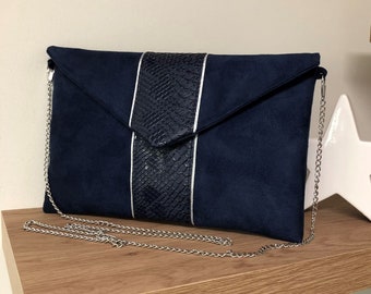 Silver navy blue wedding clutch bag, suedette and faux reptile leather / Customizable evening clutch / Handbag, removable chain