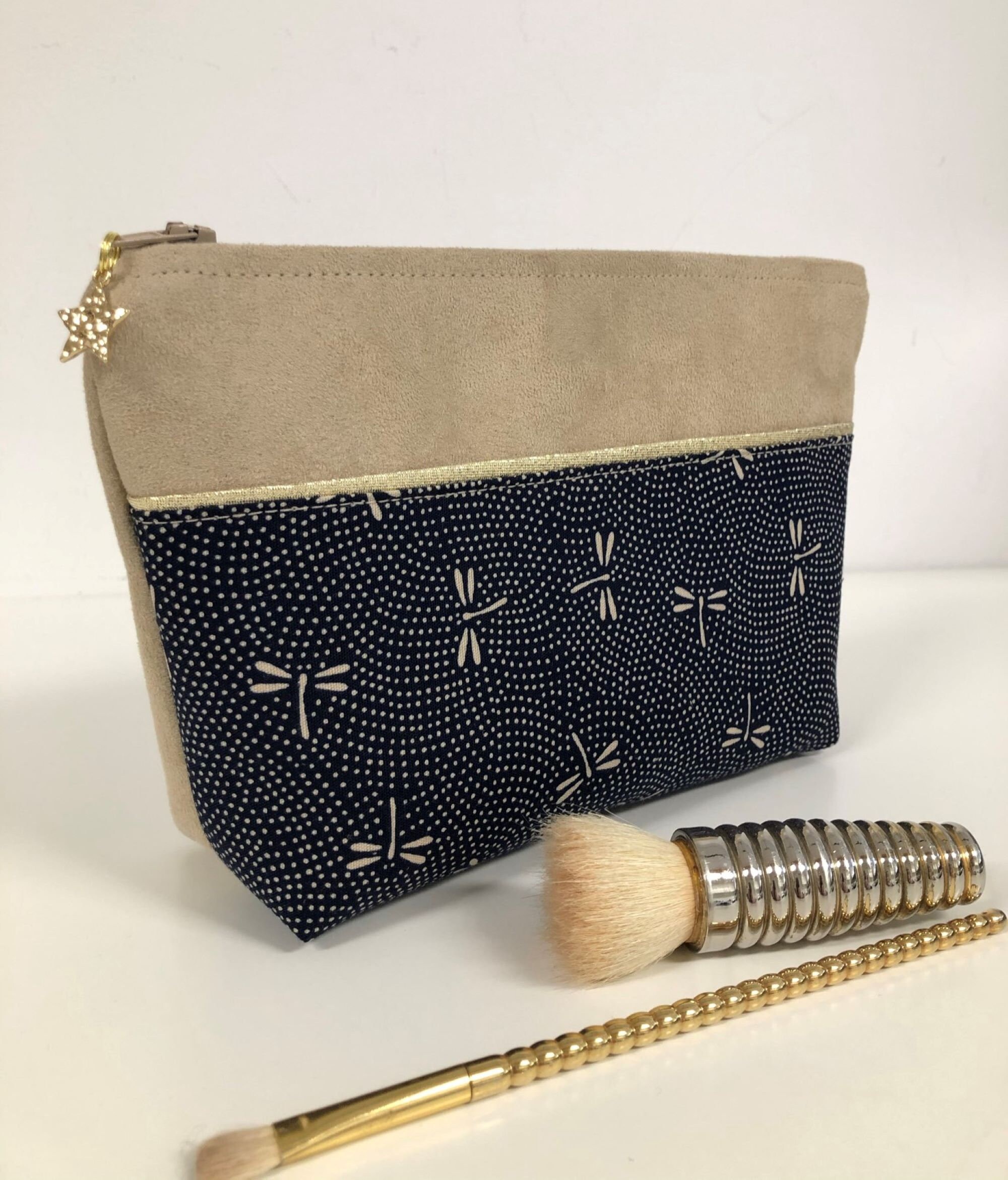 Japanese fabric makeup bag with dragonflies and suede / Beige, midnight blue and gold bag / Pouch bag, customizable/ Women's gift