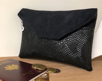 Portefeuille femme, simili cuir reptile noir / Pochette de sac à rabat, personnalisable / Compagnon porte chéquier, Porte monnaie zippé