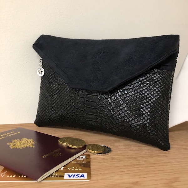 Portefeuille femme, simili cuir reptile noir / Pochette de sac à rabat, personnalisable / Compagnon porte chéquier, Porte monnaie zippé