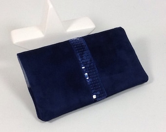 Navy blue sequined checkbook holder / Wallet-sized checkbook case, suedette, sequins / Customizable cover / Notebook cover