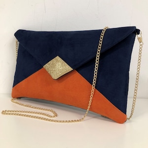 Clutch de boda azul marino y naranja con lentejuelas doradas / Clutch de noche de ante en forma de sobre, personalizable / Bolso de cadena Avec chaînette dorée