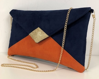 Navy blue and orange wedding clutch bag with gold glitter / Suedette evening clutch bag in envelope form, customizable / Chaînette handbag